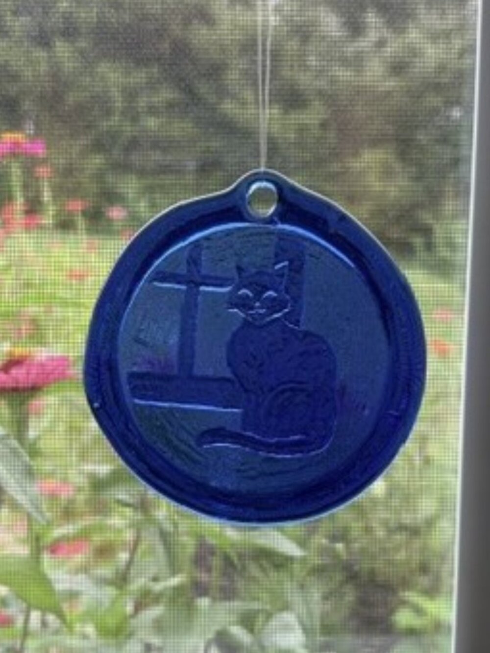 Cobalt Blue Glass Suncatcher or Wall Ornament of Cat by Window - 4 Inches